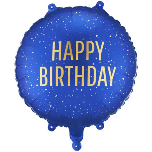 Blue and Gold speckled Happy Birthday Foil Helium Balloon