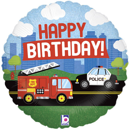 Police/Fire engine Happy Birthday Foil helium Balloon