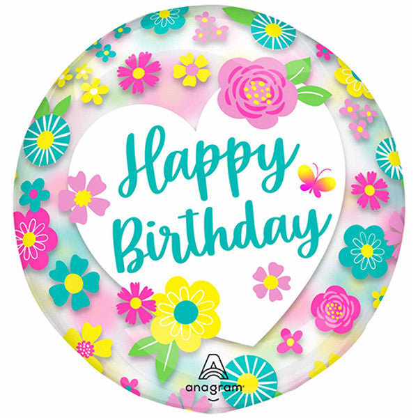 Happy Birthday Transparent Flowers Foil Helium Balloon