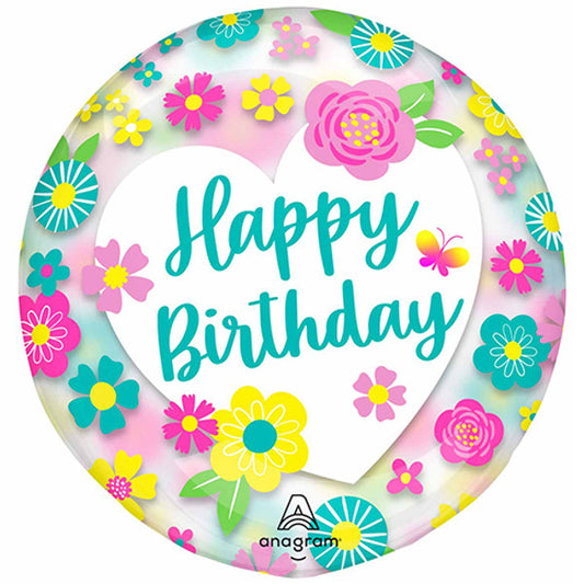 Happy Birthday Transparent Flowers Foil Helium Balloon